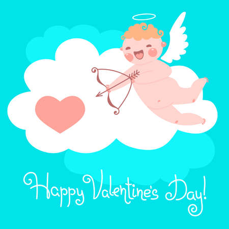 Valentine\'s Day card with cute Cupids and hearts. Vector illustration.のイラスト素材