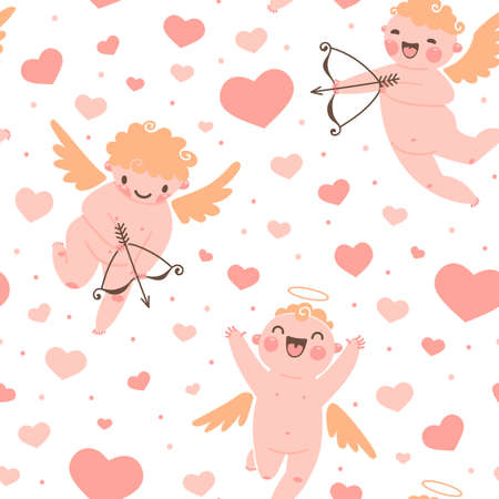Valentines Day romantic seamless pattern with cute cupid and hearts. Vector illustration.のイラスト素材