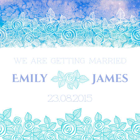 Wedding invitation or greeting card with abstract roses and watercolor background. Vector illustration.のイラスト素材