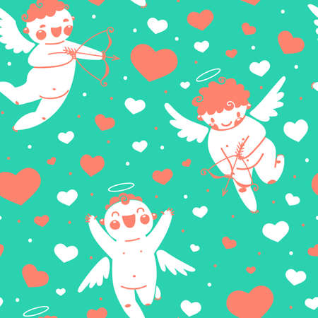 Valentines Day romantic seamless pattern with cute cupid and hearts illustration.のイラスト素材