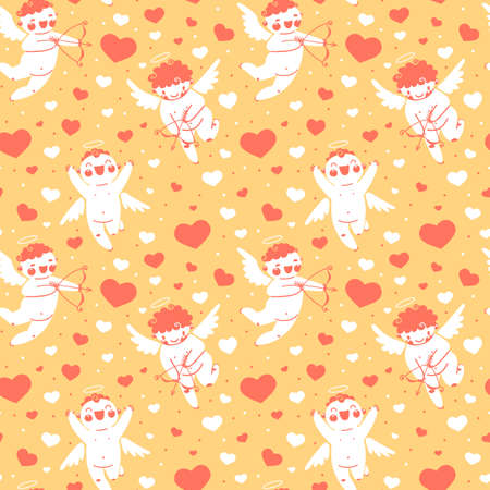 Valentines Day romantic seamless pattern with cute cupid and hearts. Vector illustration.のイラスト素材