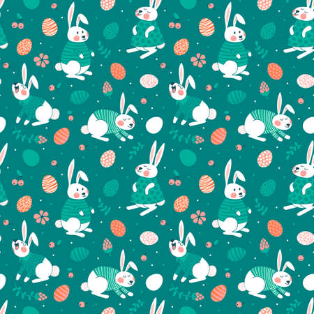 Happy Easter seamless pattern with cute bunnies and eggs. Vector illustration.のイラスト素材