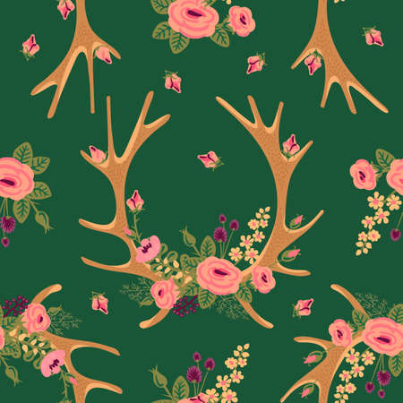 Vintage seamless pattern with deer antlers and flowers. Vector illustration.のイラスト素材