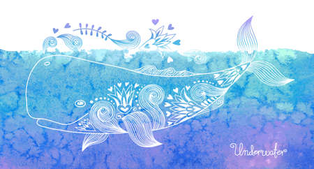 Watercolor card with happy whale and patterns. Vector illustration.のイラスト素材