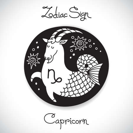Capricorn zodiac sign of horoscope circle emblem in cartoon style. Vector illustration.のイラスト素材