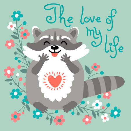 Card to the birthday or other holiday with cute raccoon and a declaration of love. のイラスト素材