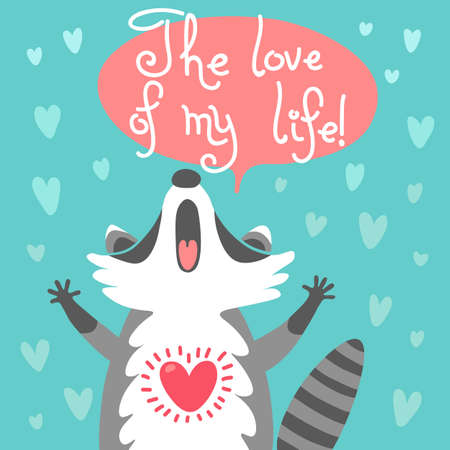 Card to the birthday or other holiday with cute raccoon and a declaration of love. Vector illustration.のイラスト素材
