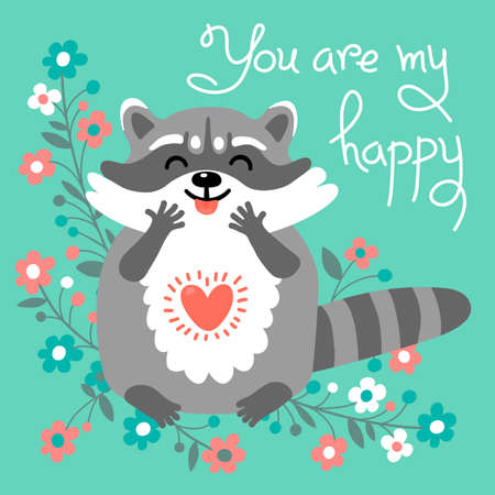 Card to the birthday or other holiday with cute raccoon and a declaration of love. Vector illustration.のイラスト素材