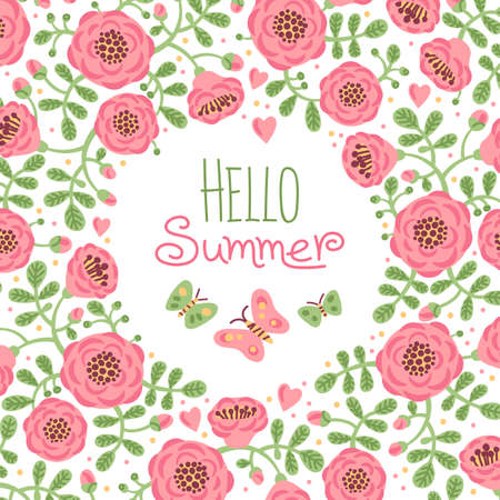 Season card Hello Summer with cute flowers and butterflies. のイラスト素材