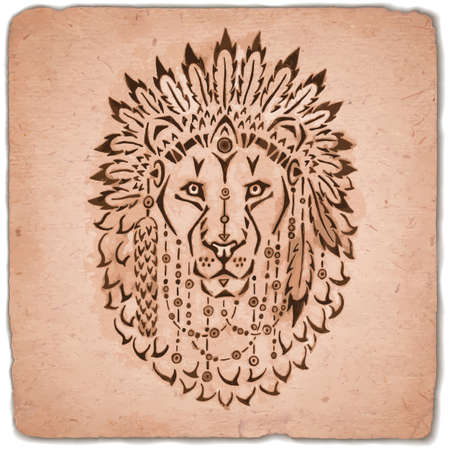 Lion in war bonnet hand drawn animal illustration native american posterのイラスト素材