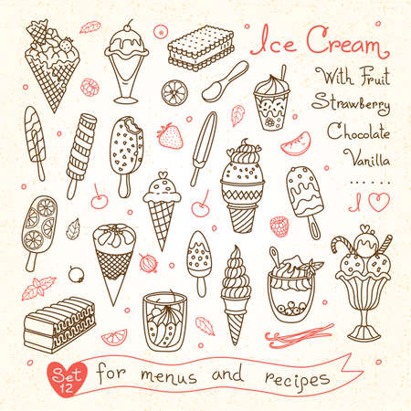 Set drawings of ice cream for design menus, recipes and packages product.のイラスト素材