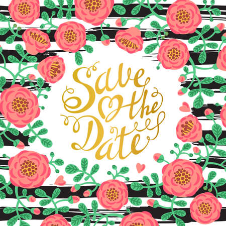 Wedding invitation cards with flowers and calligraphic letters. Save the date design. Hand drawn vector illustration.のイラスト素材