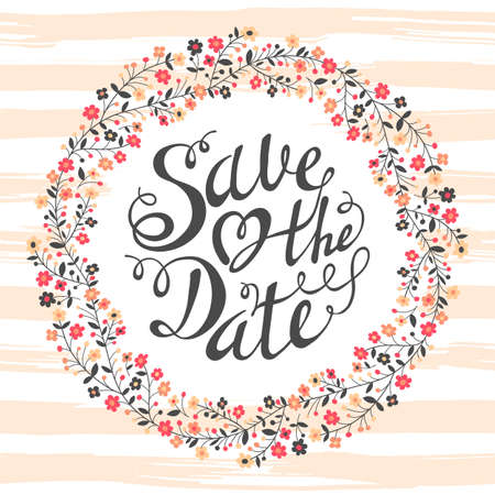 Wedding invitation cards with flowers and calligraphic letters. Save the date design. Hand drawn vector illustration.のイラスト素材