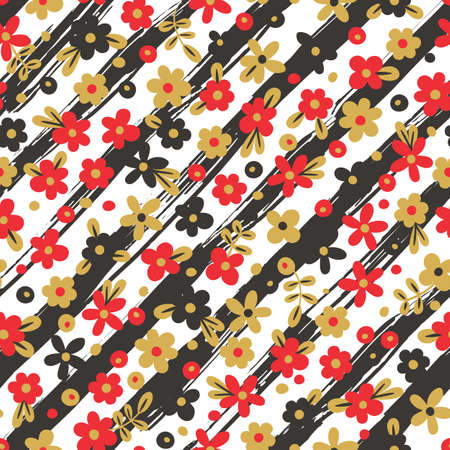Seamless pattern with flowers on striped background. Vector illustration.のイラスト素材
