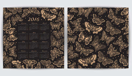Calendar 2016 year and seamless pattern with decorative butterflies. Vector design templateのイラスト素材