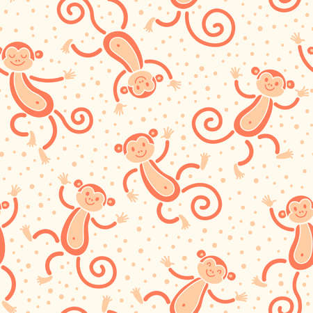 Funny monkeys and snow. Seamless pattern with monkeys playing in snow winter. Vector illustration.のイラスト素材