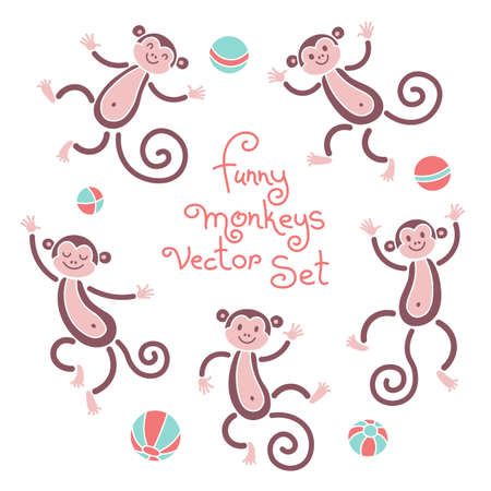 Funny monkeys vector isolated set of illustrations. Lovely monkey and balls elements for design.のイラスト素材