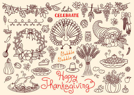 Let's celebrate Happy Thanksgiving doodles set. Traditional symbols - thanksgiving turkey, pumpkin pie, corn, cornucopia, wheat. Freehand vector drawings collection isolated.のイラスト素材