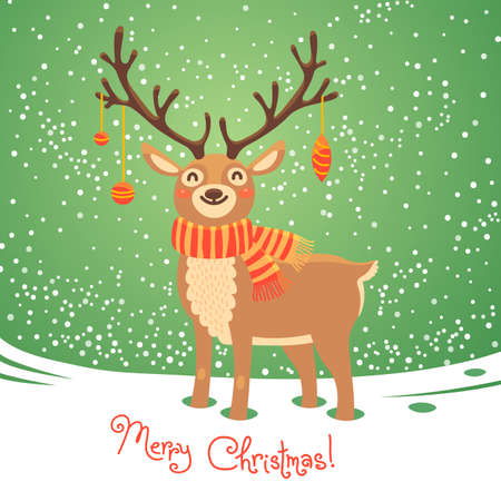 Christmas card with christmas santa reindeer. Cute cartoon deer with scarf.  Merry christmas background. Vector illustrationのイラスト素材