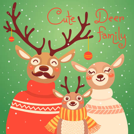 Christmas reindeer family. Cute card with deer is dressed in sweaters and scarf. Vector illustration.のイラスト素材