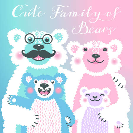Cute card with a family of bears. Dad hugs mother and children. illustration.のイラスト素材