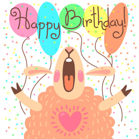 Cute happy birthday card with funny lamb. Vector illustrationのイラスト素材