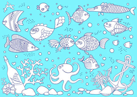 Coloring of underwater world. Aquarium with fish, octopus, corals, anchor, shells, stones, bottle with sailboat.のイラスト素材
