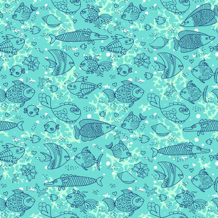 Background of underwater world. Seamless pattern with cute fish, shells, corals.のイラスト素材