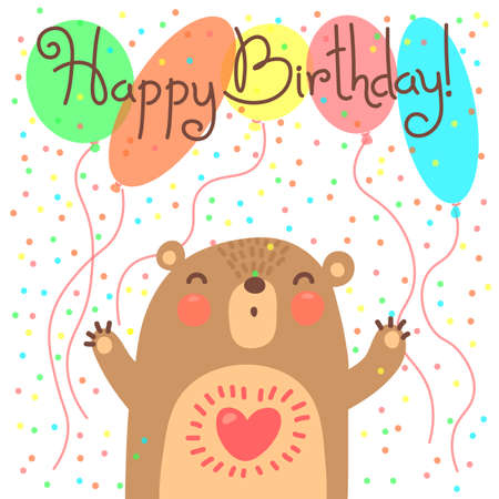 Cute happy birthday card with funny bear. Vector illustrationのイラスト素材