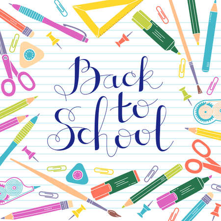 Back to school design template. Frame of stationery goods. Vector illustration.のイラスト素材