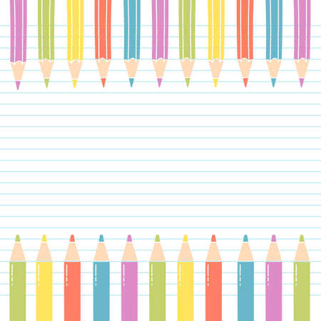 Colored Pencils on notebook sheet with White Space for Message. Vector Illustrationのイラスト素材