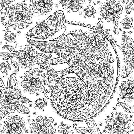 Black and white vector illustration with a chameleon in ethnic patterns on the flowering branch. It can be used as a coloring antistress for adults and children.のイラスト素材