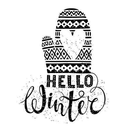 Hello winter text and knitted woolen mitten with heart. Seasonal shopping concept design for the banner or label. Isolated illustration.のイラスト素材