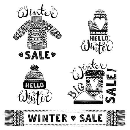 Set drawings knitted woolen clothing and footwear. Sweater, hat, mitten, boot, scarf, lettering. Winter sale shopping concept to design banners, price or label. Isolated vector illustration.のイラスト素材