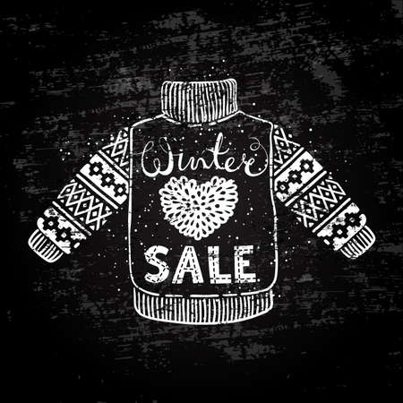 Winter Special banner or label with knitted woolen pullover. Business seasonal shopping concept sale. Stylized drawing chalk on blackboard. Isolated vector illustration.のイラスト素材