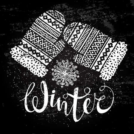 Winter text and knitted woolen mittens with snowflakes. Seasonal shopping concept for design cards or labels. Stylized drawing chalk on blackboard. Isolated vector illustration.のイラスト素材