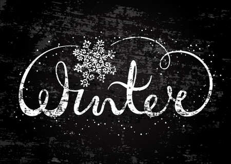 Winter text lettering with snowflake. Seasonal shopping concept to design banners, price or label. Stylized drawing chalk on blackboard. Isolated vector illustration.のイラスト素材