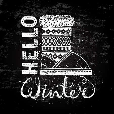 Hello winter lettering text Brush and boots. Seasonal shopping concept design for the banner or label. Stylized drawing chalk on blackboard. Isolated vector illustration.のイラスト素材
