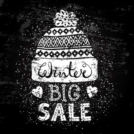 Winter Special banner or label with a knitted woolen cap. Business seasonal shopping concept big sale. Stylized drawing chalk on blackboard. Isolated vector illustration.のイラスト素材