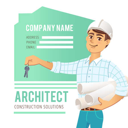 Architect in helmet with blueprints and keys in hand against background of constructed house, cottage. Character Construction Architect Engineer. Concept for banner, business card. Vector illustrationのイラスト素材