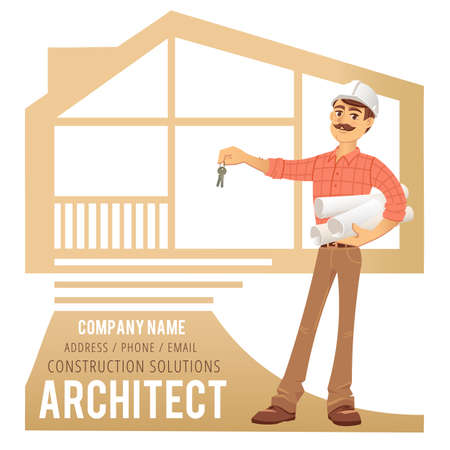 Architect in helmet with blueprints and keys in hand against background of constructed house, cottage. Character Construction Architect Engineer. Concept for banner, business card. Vector illustrationのイラスト素材