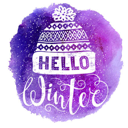 Hello winter text and knitted woolen cap on watercolor background. Seasonal shopping concept design for banner or label. Isolated vector illustration.のイラスト素材