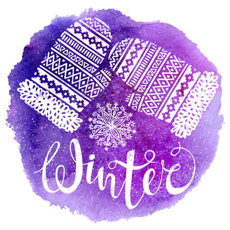 Winter text and knitted woolen mittens with snowflakes on watercolor background. Seasonal shopping concept for design cards or labels. Isolated vector illustration.のイラスト素材