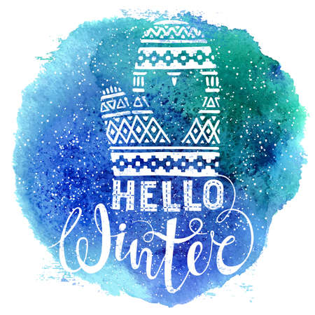 Hello winter text and knitted woolen mitten with heart on watercolor background. Seasonal shopping concept design for the banner or label. Isolated vector illustration.のイラスト素材