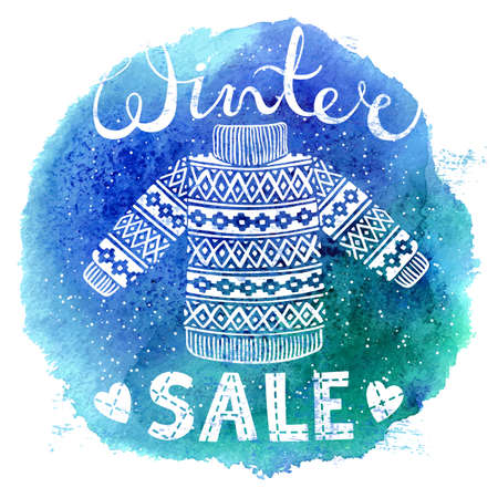 Winter Special banner, label with knitted woolen pullover or sweater on watercolor background. Business seasonal shopping concept sale. Isolated vector illustration.のイラスト素材