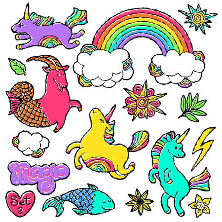 Fashion patch badge elements in cartoon 80s-90s comic style. Set modern trend doodle pop art sketch with rainbow unicorns. Vector clip art illustration isolated.のイラスト素材