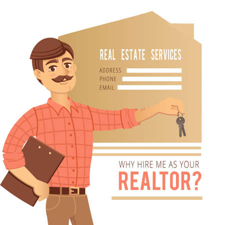 The concept of real estate services. Real estate agent showing a house. Character man with folder and keys in his hands. For the design of business cards, banners and advertising. Vector illustration.のイラスト素材