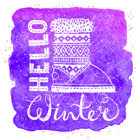 Hello winter lettering text Brush and boots on watercolor background. Seasonal shopping concept design for the banner or label. Isolated vector illustration.のイラスト素材