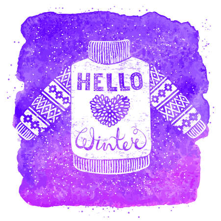 Hello winter text and knitted wool pullover with a heart. Seasonal shopping concept design for the banner or label. Isolated vector illustration.のイラスト素材