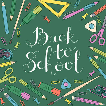 Back to school design template. Frame of stationery goods. Vector illustration.のイラスト素材
